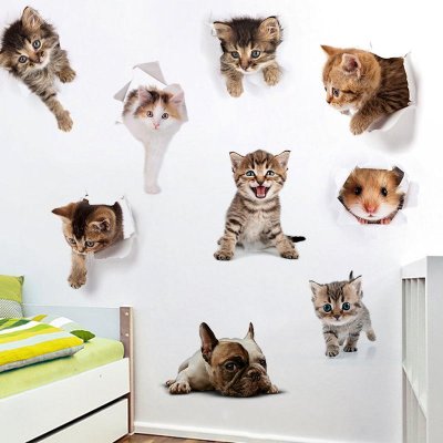 Cats 3D Wall Sticker Toilet Stickers Hole View Vivid Dogs Bathroom Home Decoration Animal Vinyl Decals Art Sticker Wall Poster